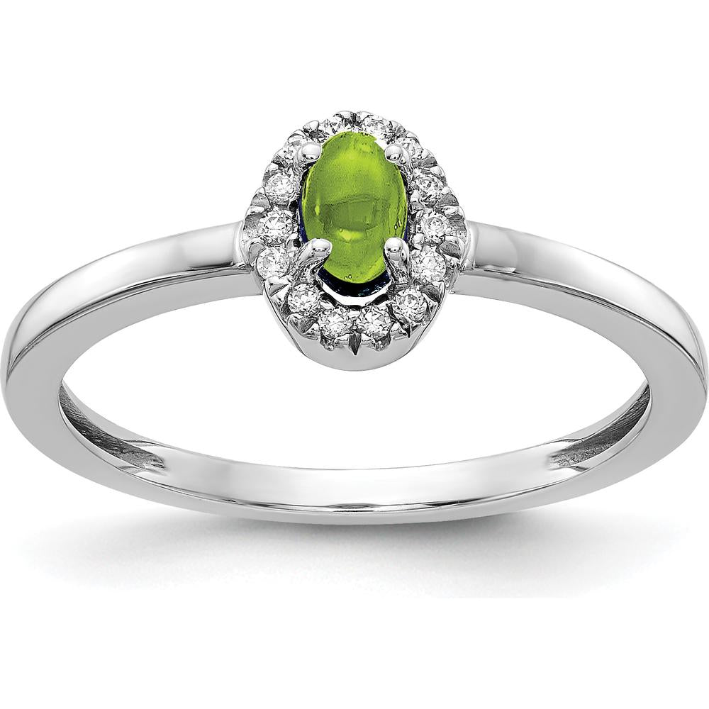 14K White Gold Halo Ring with 0.29 Carat Oval Cabochon Peridot and 0.07 Carat Round Diamonds by 0