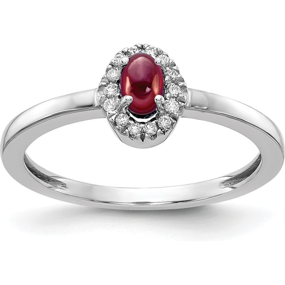 14K White Gold Halo Ring with 0.33 Carat Oval Cabochon Garnet and 0.07 Carat Round Diamonds by 0