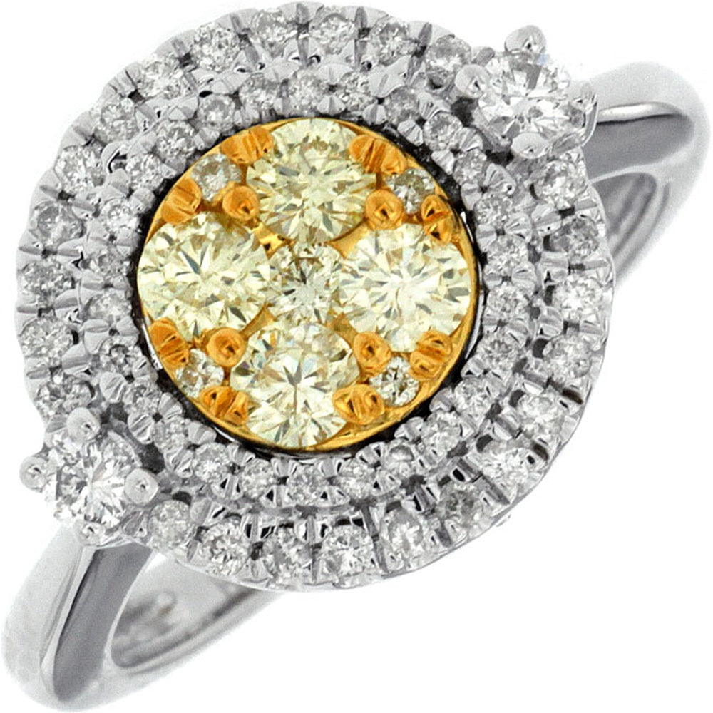 14K White Gold Halo Ring with 0.50 Carat Yellow Diamond Cluster and 0.39 Carat Round White Diamond Accents - Royal Jewelry