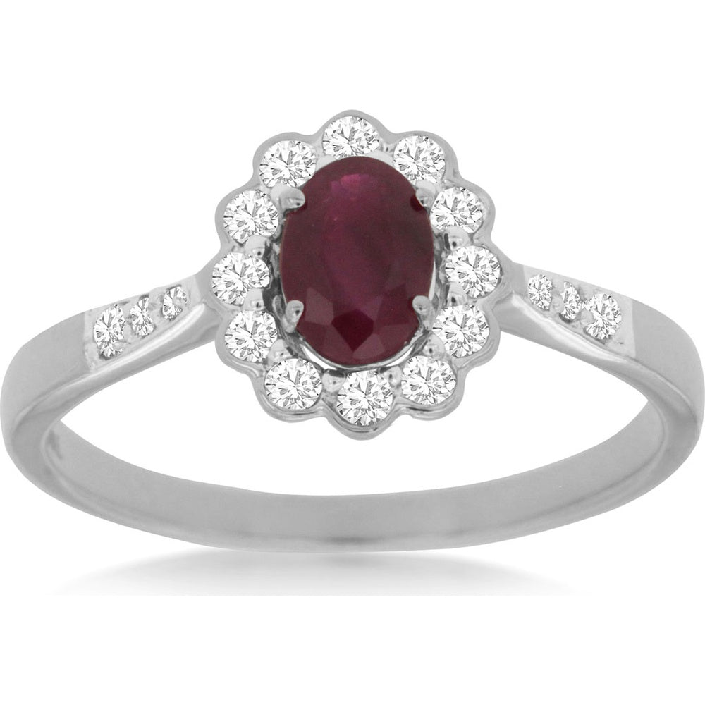 14K White Gold Halo Ring with 0.65 Carat Oval Ruby and 0.22 Carat Round Diamond Accents - Royal Jewelry