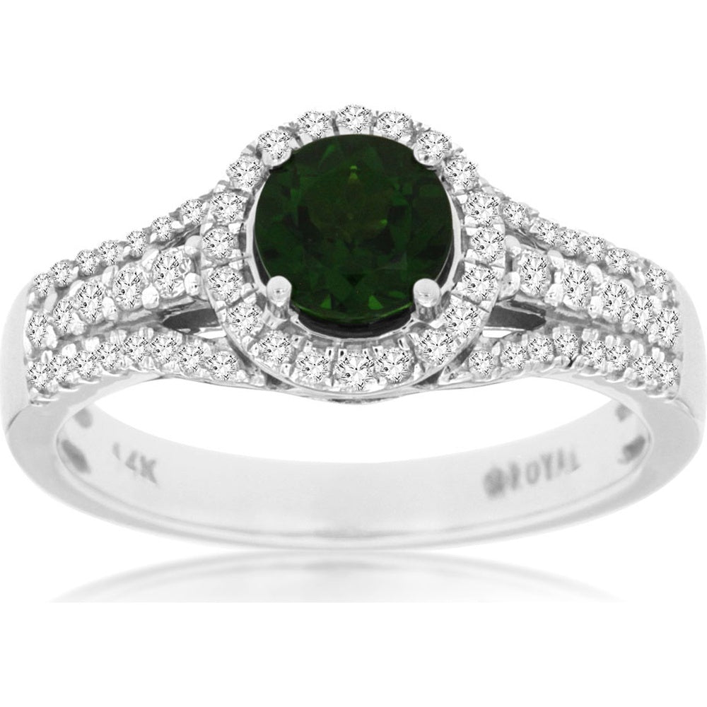 14K White Gold Halo Ring with 0.75 Carat Round Russalite and 0.33 Carat Round Diamond Accents - Milgrain Detail Split Shank Design - Royal Jewelry