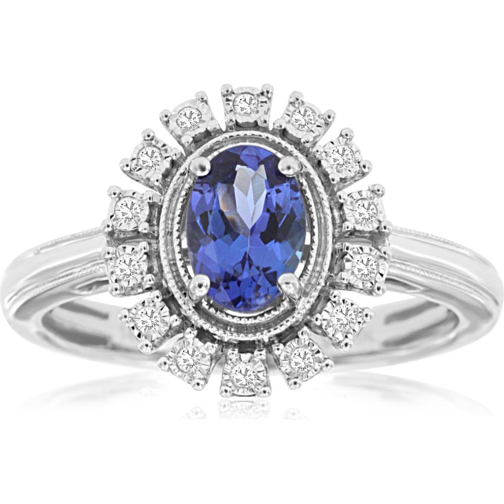 14K White Gold Halo Ring with 0.84 Carat Oval Tanzanite and 0.07 Carat Round Diamond Accents - Royal Jewelry