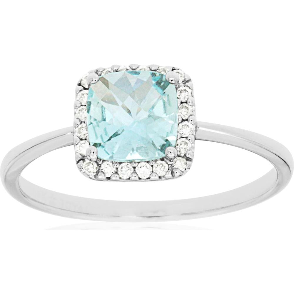 14K White Gold Halo Ring with 0.85 Carat Cushion Cut Aquamarine and 0.11 Carat Round Diamond Accents - Royal Jewelry