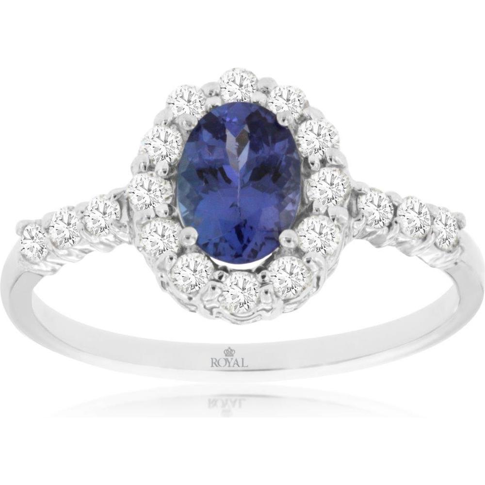 14K White Gold Halo Ring with 0.85 Carat Oval Tanzanite and 0.47 Carat Round Diamonds - Royal Jewelry
