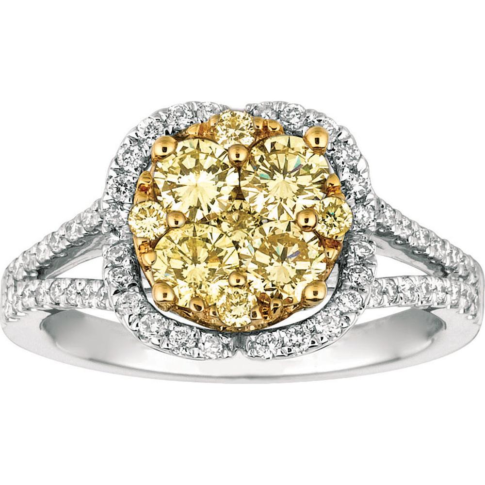 14K White Gold Halo Ring with 0.95 Carats Yellow Diamond and 0.35 Carats White Diamonds