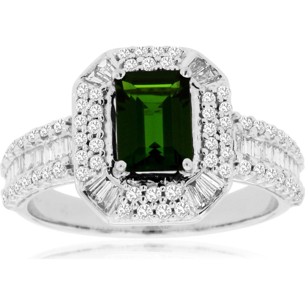 14K White Gold Halo Ring with 1.00 Carat Emerald Cut Russalite and 0.78 Carat Round & Baguette Diamonds - Royal Jewelry
