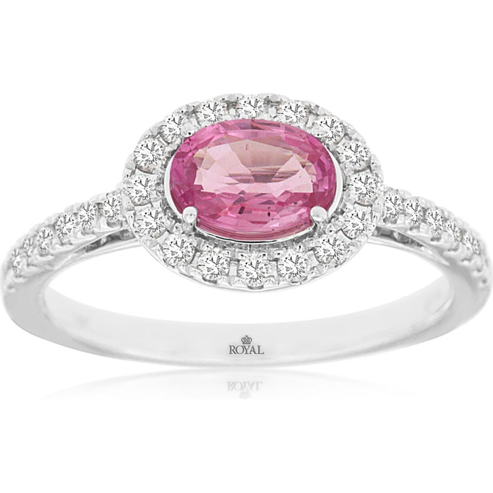 14K White Gold Halo Ring with 1.00 Carat Oval Pink Sapphire and 0.33 Carat Round Diamonds - Royal Jewelry