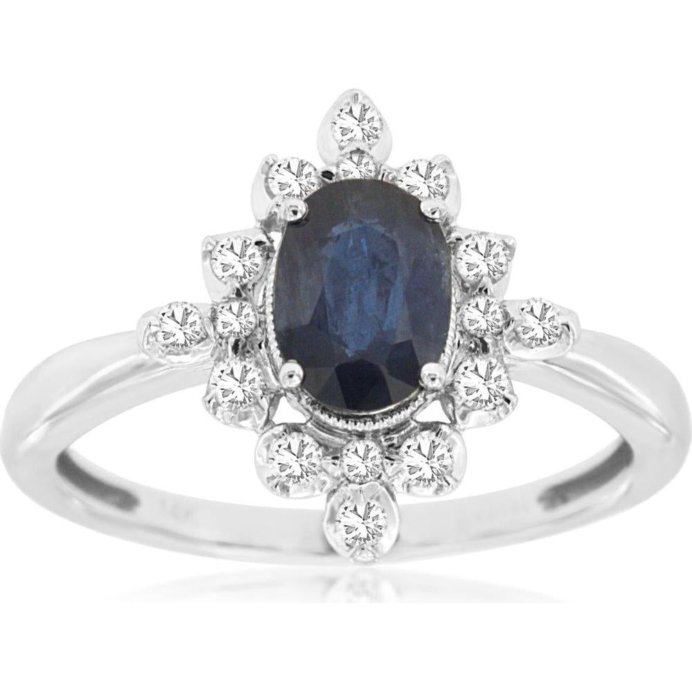 14K White Gold Halo Ring with 1.00 Carat Oval Sapphire and 0.25 Carat Diamond Floral Milgrain Accents - Royal Jewelry