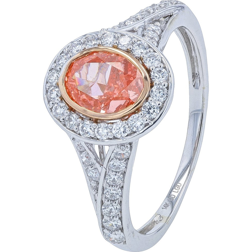 14K White Gold Halo Ring with 1.00 Carat Pink Oval Lab-Grown Diamond and Pavé-Set Round Diamonds - 1.50 Carat Total Diamond Weight