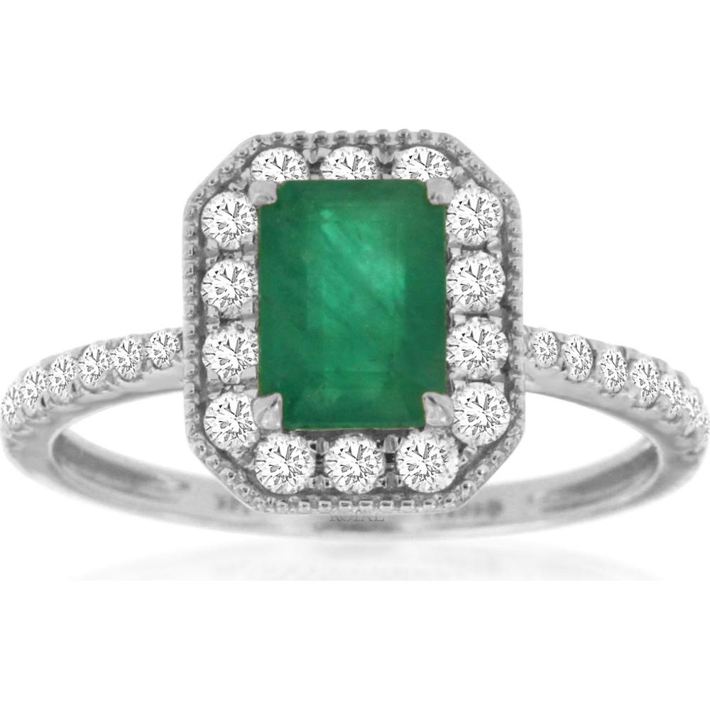 14K White Gold Halo Ring with 1.00 Carat Rectangular Emerald and 0.50 Carat Round Diamond Accents - Royal Jewelry