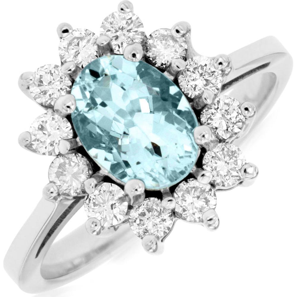 14K White Gold Halo Ring with 1.10 Carat Oval Aquamarine and 0.75 Carat Round Diamond Accents - Royal Jewelry