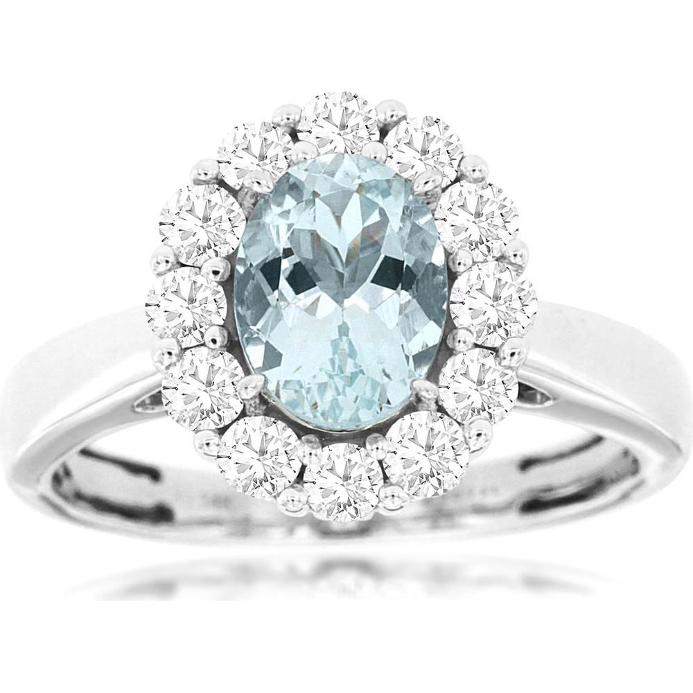 14K White Gold Halo Ring with 1.10 Carat Oval Aquamarine and 0.75 Carat Round Diamond Halo - Royal Jewelry