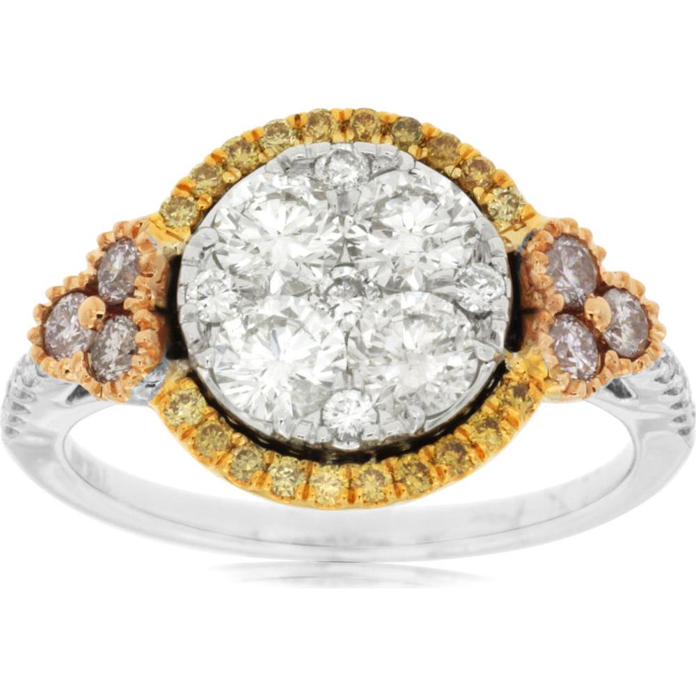 14K White Gold Halo Ring with 1.10 Carat White Diamond Cluster, 0.15 Carat Yellow Diamond Border, and Pink Diamond Side Accents - Royal Jewelry