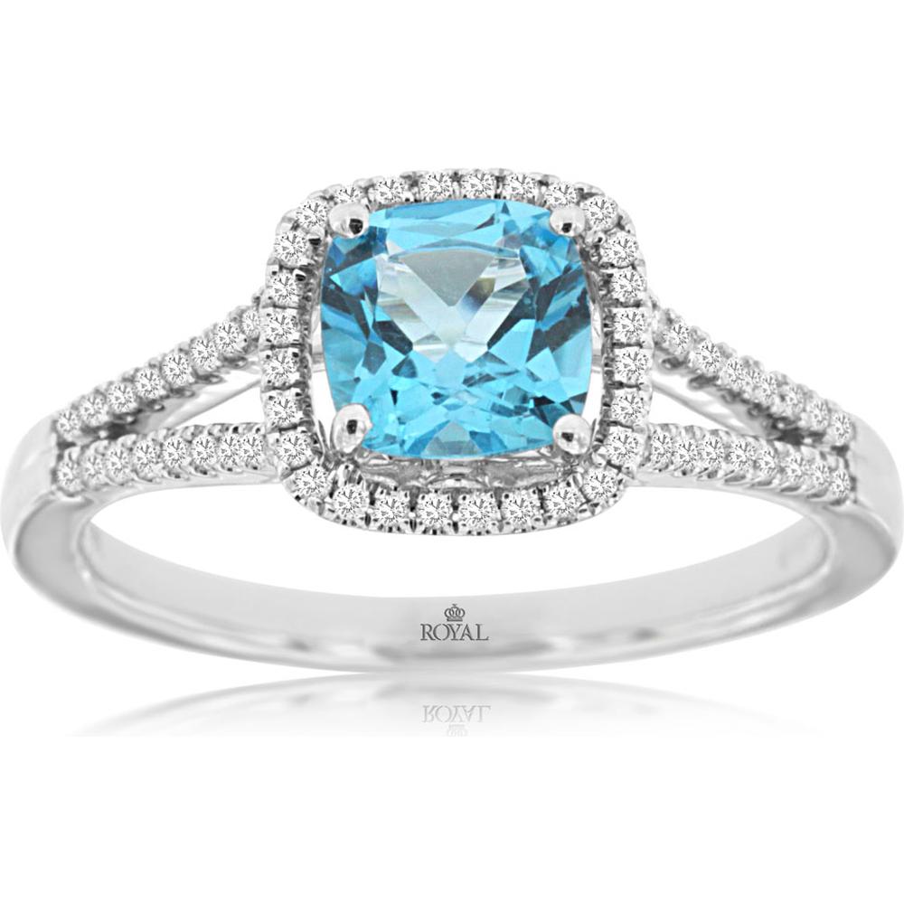 14K White Gold Halo Ring with 1.15 Carat Cushion Cut Blue Topaz and 0.20 Carat Diamond Split Shank - Royal Jewelry