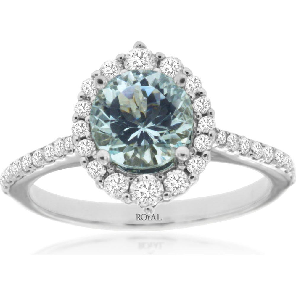 14K White Gold Halo Ring with 1.15 Carat Round Aquamarine and 0.49 Carat Round Diamonds - Royal Jewelry