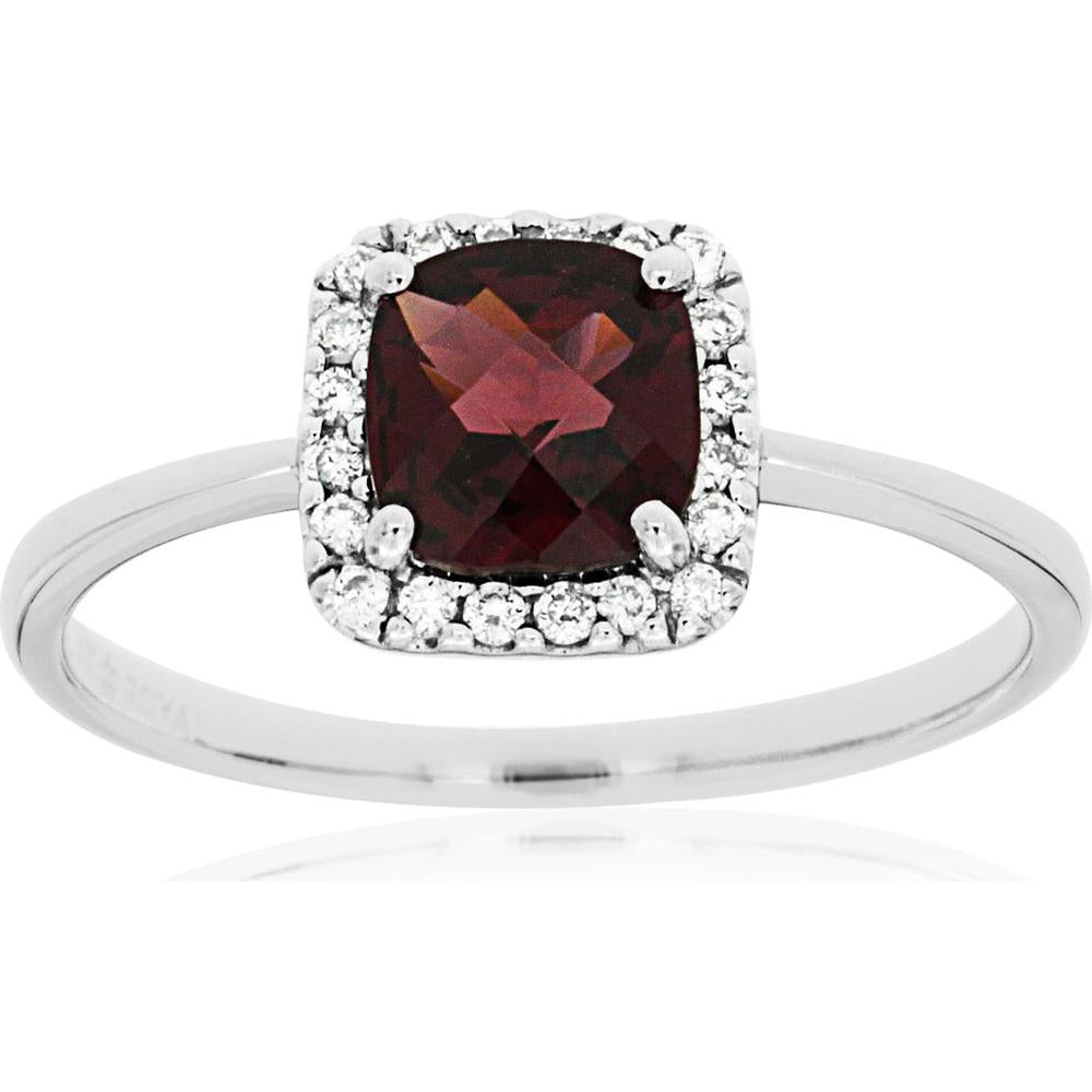 14K White Gold Halo Ring with 1.20 Carat Cushion Cut Rhodolite and 0.11 Carat Round Diamond Accents - Royal Jewelry