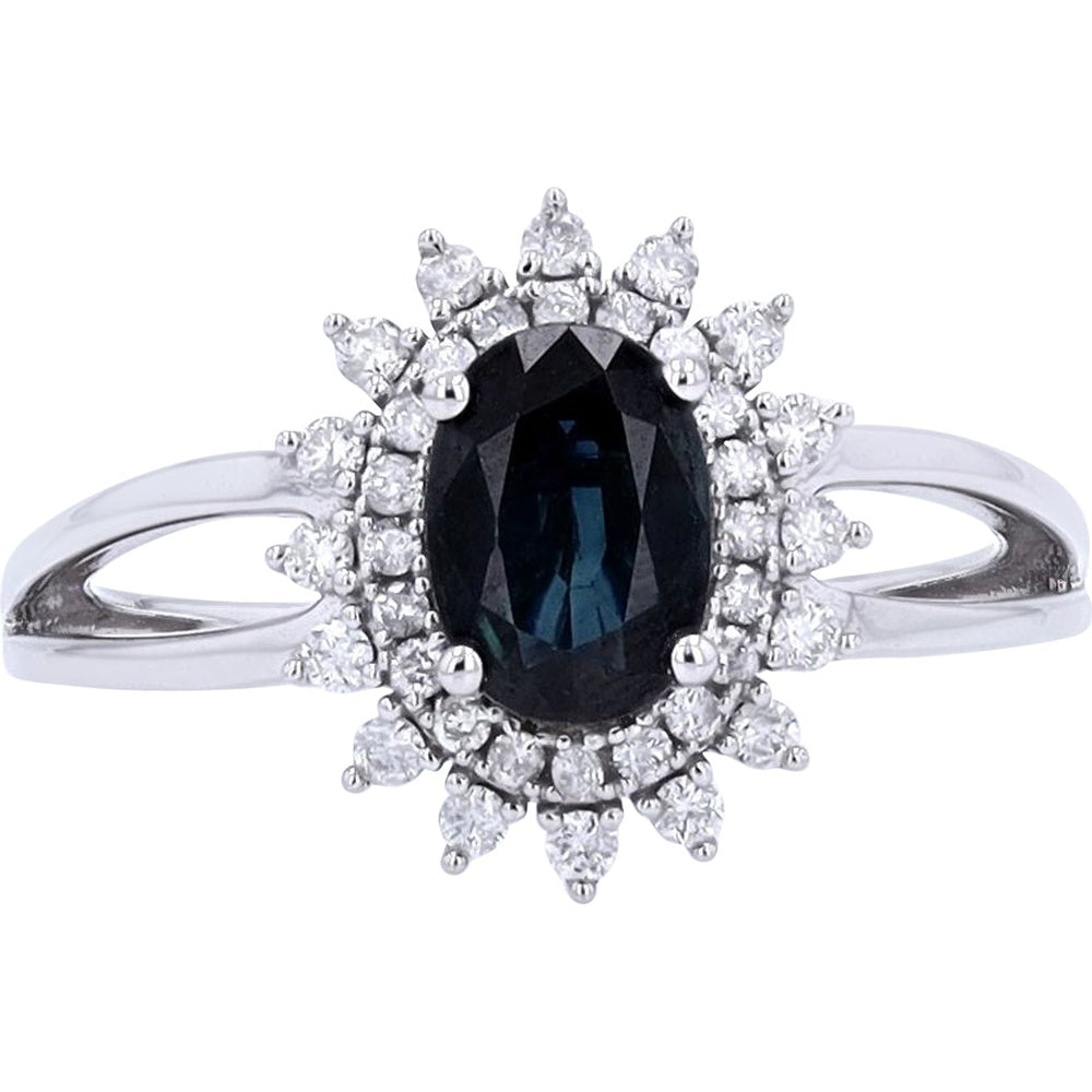 14K White Gold Halo Ring with 1.25 Carat Oval Sapphire and 0.25 Carat Round Diamond Accents