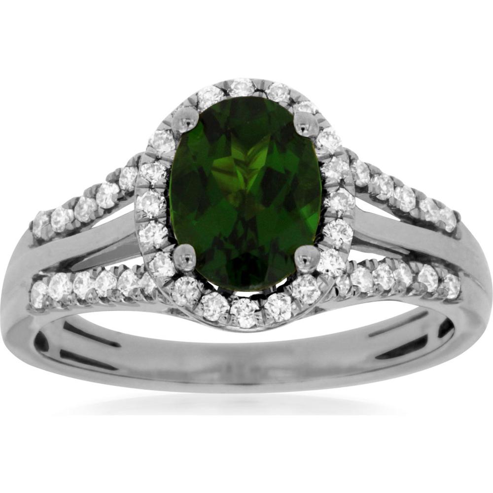 14K White Gold Halo Ring with 1.30 Carat Oval Russalite and 0.30 Carat Round Diamond Split Shank - Royal Jewelry