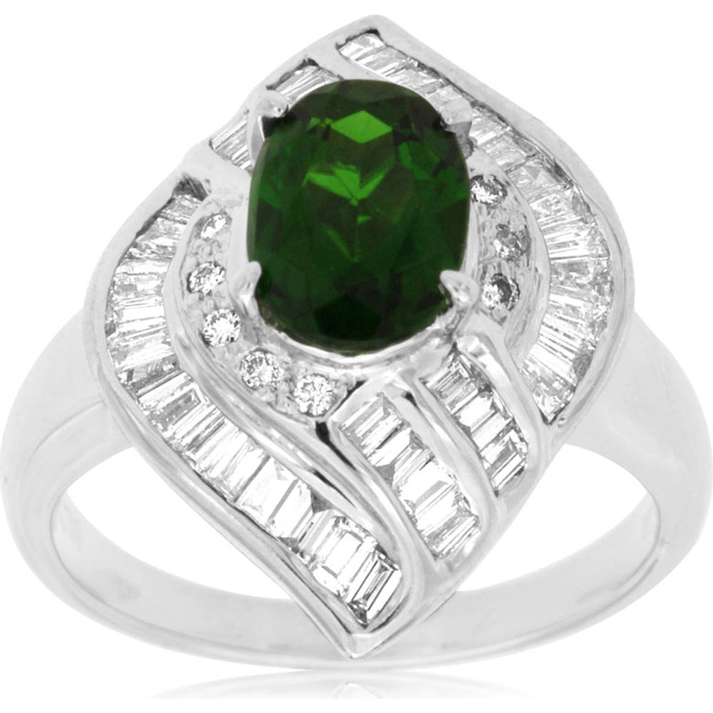 14K White Gold Halo Ring with 1.30 Carat Oval Russalite and 1.00 Carat Baguette and Round Diamonds - Royal Jewelry