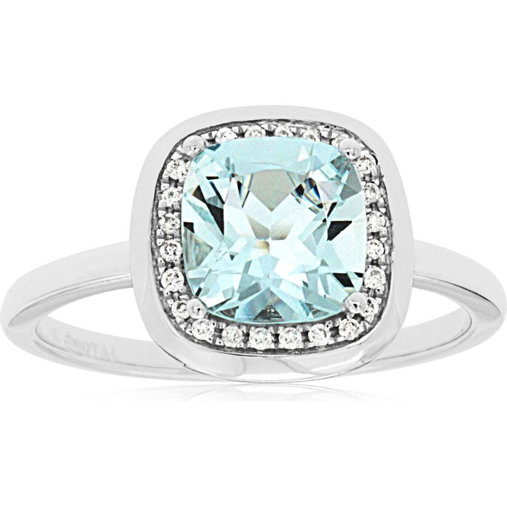14K White Gold Halo Ring with 1.35 Carat Cushion Cut Aquamarine and 0.09 Carat Round Diamond Accents - Royal Jewelry