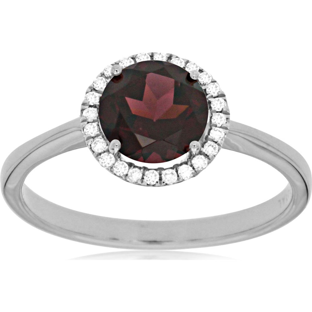 14K White Gold Halo Ring with 1.55 Carat Round Garnet and 0.10 Carat Round Diamond Accents - Royal Jewelry