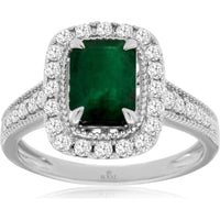 14K White Gold Halo Ring with 1.60 Carat Emerald and 0.52 Carat Round Diamonds in Split Shank Vintage Milgrain Design - Royal Jewelry