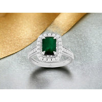 14K White Gold Halo Ring with 1.60 Carat Emerald and 0.52 Carat Round Diamonds in Split Shank Vintage Milgrain Design - Royal Jewelry