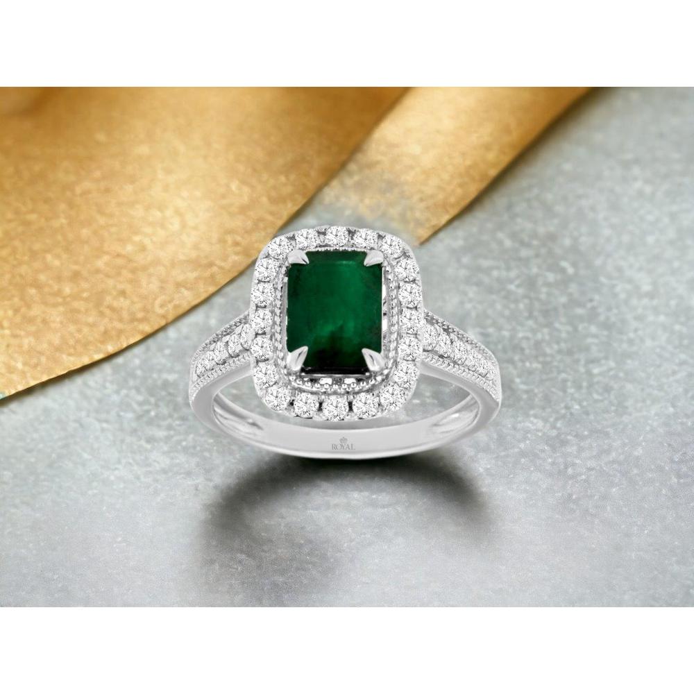 14K White Gold Halo Ring with 1.60 Carat Emerald and 0.52 Carat Round Diamonds in Split Shank Vintage Milgrain Design - Royal Jewelry