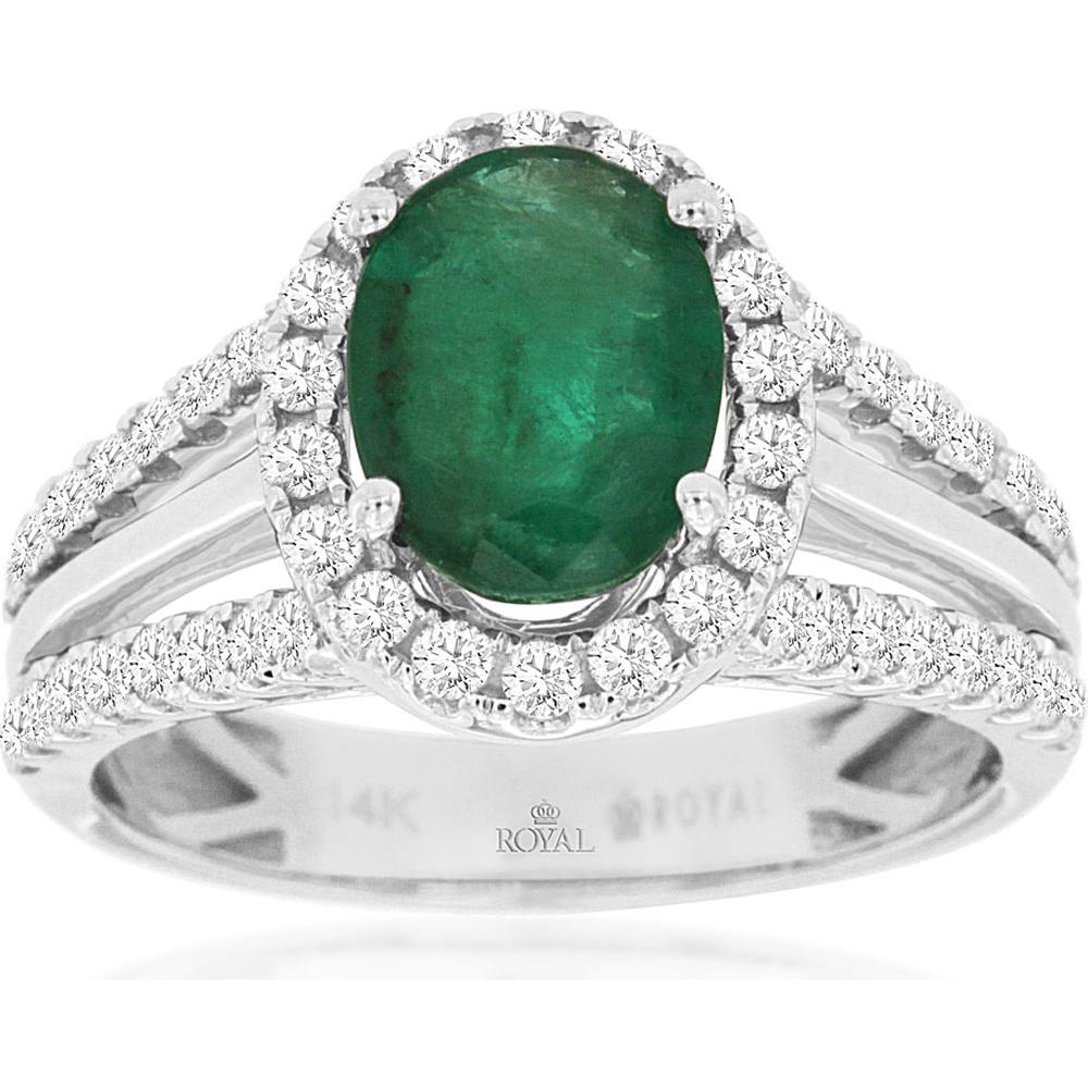 14K White Gold Halo Ring with 1.60 Carat Oval Emerald and 0.82 Carat Round Diamonds in Split-Shank Design - Royal Jewelry