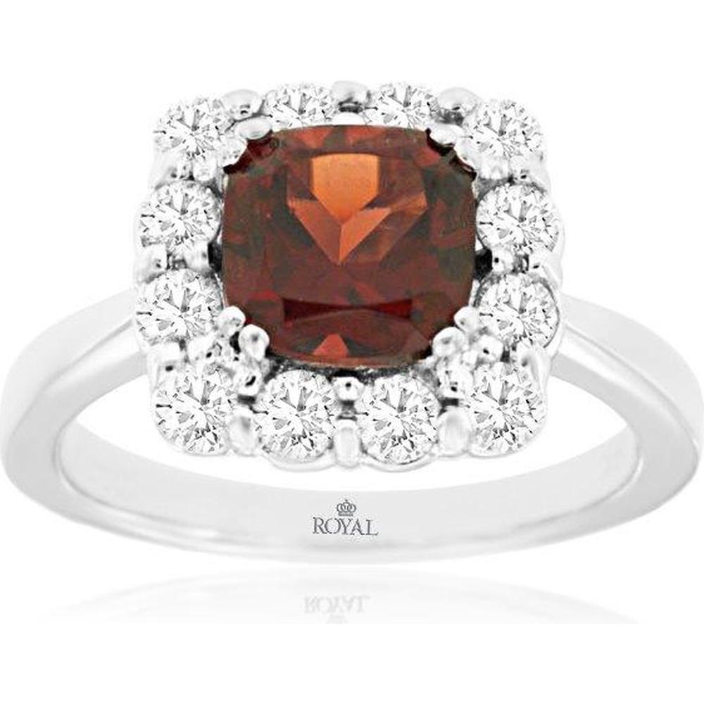 14K White Gold Halo Ring with 1.65 Carat Cushion Cut Garnet and 0.72 Carat Round Diamond Accents - Royal Jewelry
