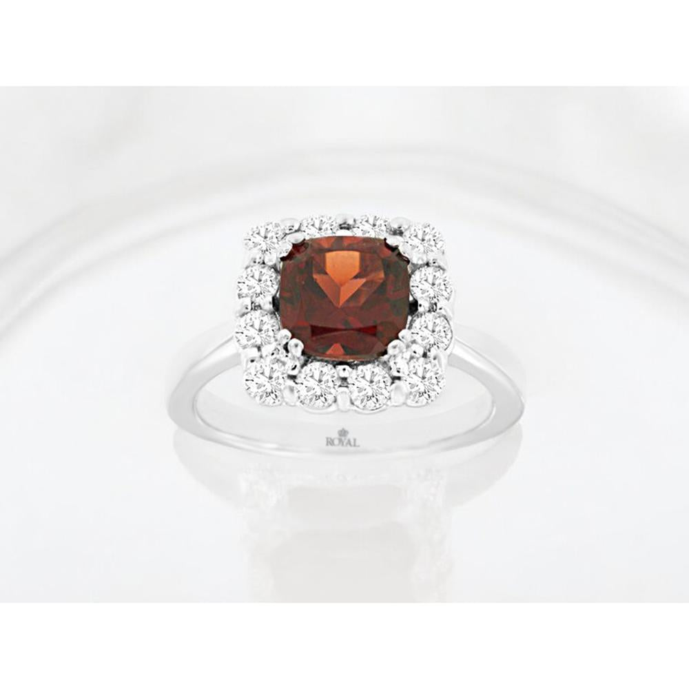 14K White Gold Halo Ring with 1.65 Carat Cushion Cut Garnet and 0.72 Carat Round Diamond Accents - Royal Jewelry