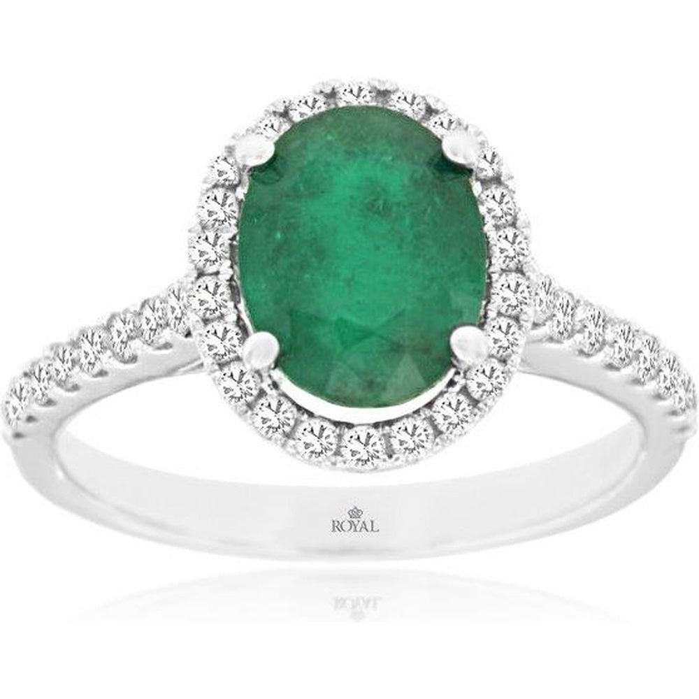 14K White Gold Halo Ring with 1.75 Carat Oval Emerald and 0.44 Carat Round Diamond Accents - Royal Jewelry