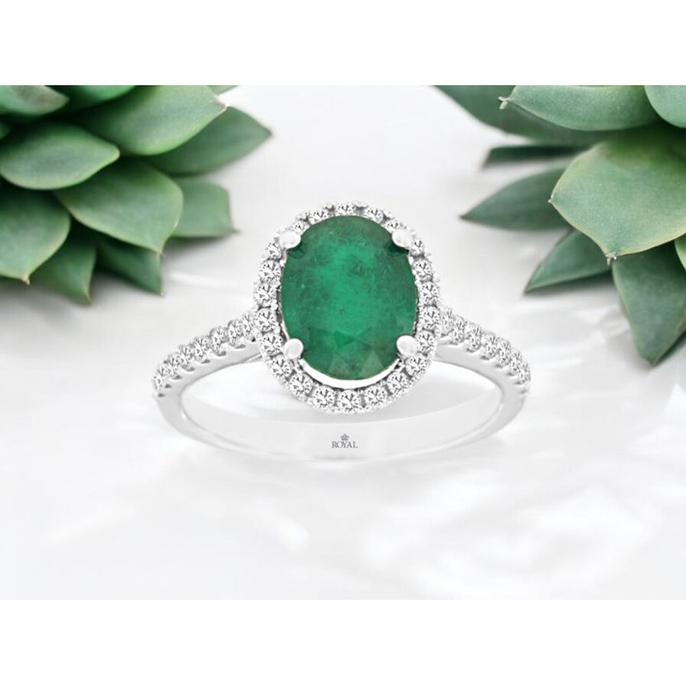 14K White Gold Halo Ring with 1.75 Carat Oval Emerald and 0.44 Carat Round Diamond Accents - Royal Jewelry