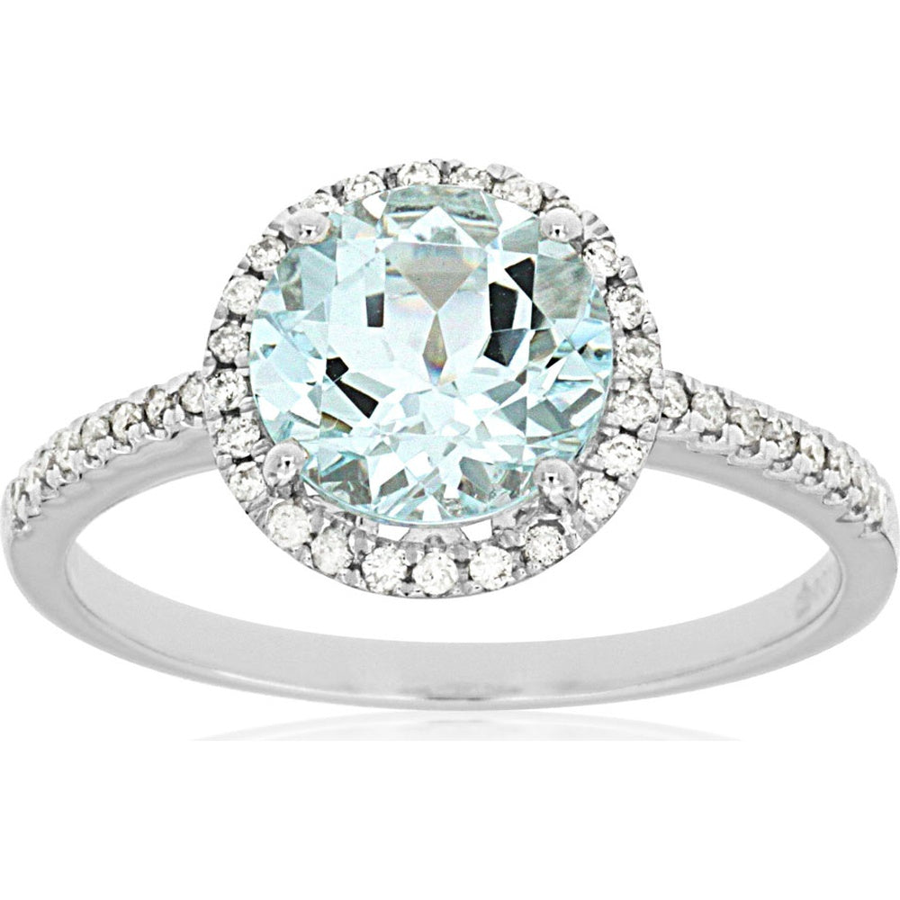 14K White Gold Halo Ring with 1.75 Carat Round Aquamarine and 0.16 Carat Pavé Set Round Diamonds - Royal Jewelry
