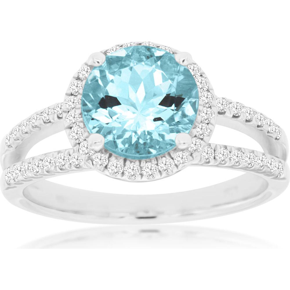 14K White Gold Halo Ring with 1.75 Carat Round Aquamarine and 0.50 Carat Diamonds - Royal Jewelry