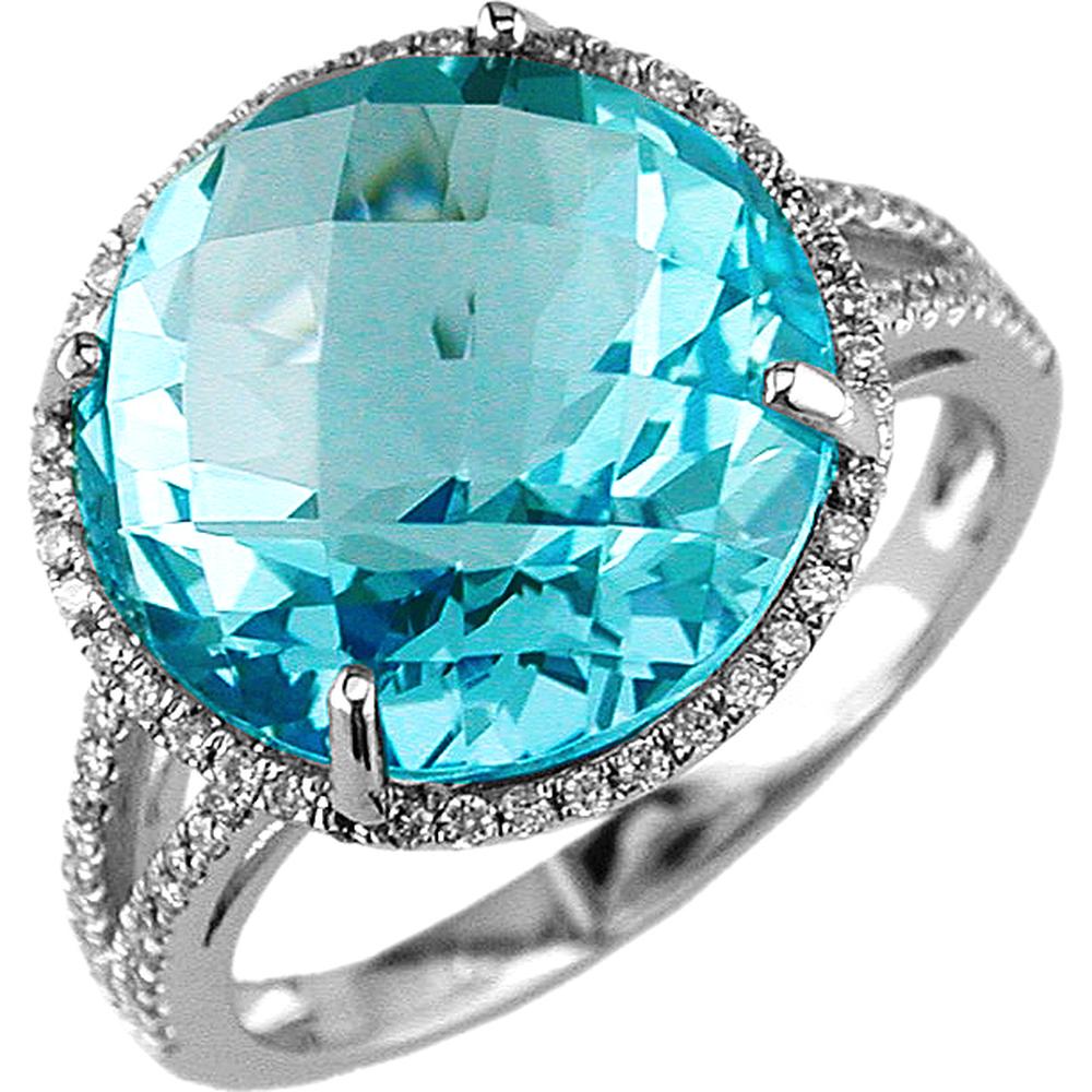 14K White Gold Halo Ring with 12.50 Carat Round Blue Topaz and 0.22 Carat Round Diamonds - Royal Jewelry