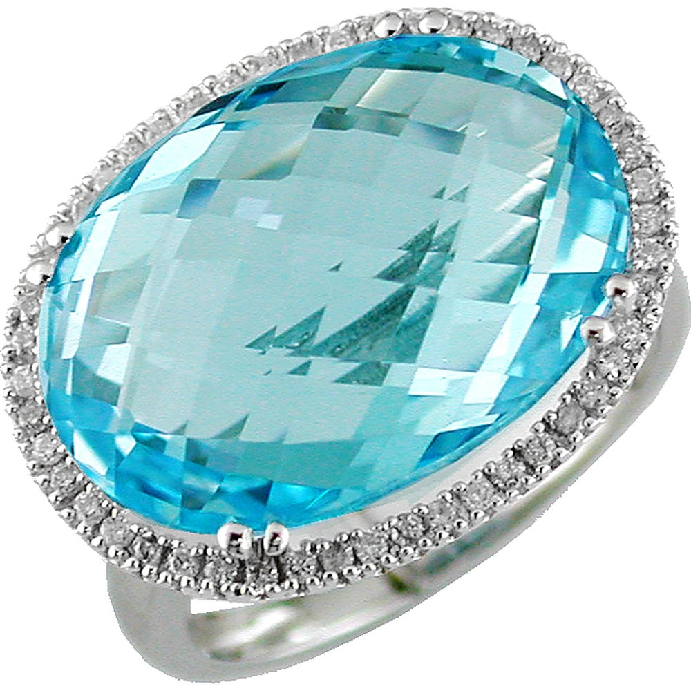 14K White Gold Halo Ring with 15.50 Carat Oval Blue Topaz and 0.20 Carat Round Diamond Accents - Royal Jewelry