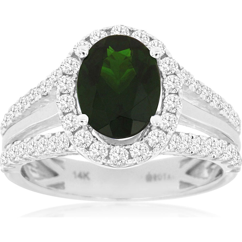14K White Gold Halo Ring with 2.00 Carat Oval Cut Russalite and 0.82 Carat Pavé Set Round Diamonds - Royal Jewelry