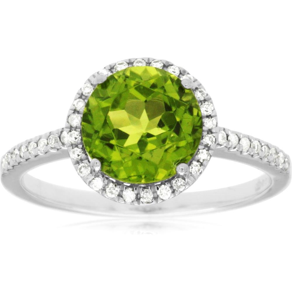 14K White Gold Halo Ring with 2.00 Carat Round Peridot and 0.16 Carat Round Diamonds - Royal Jewelry