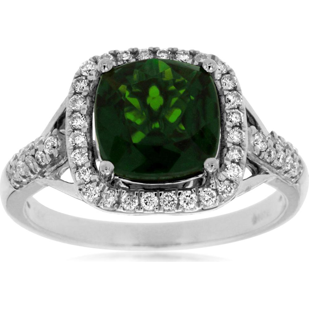 14K White Gold Halo Ring with 2.15 Carat Cushion Cut Russalite and 0.30 Carat Diamond Accents - Royal Jewelry