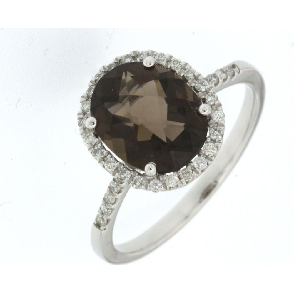 14K White Gold Halo Ring with 2.40 Carat Oval Smoky Quartz and 0.21 Carat Round Diamond Accents - Royal Jewelry