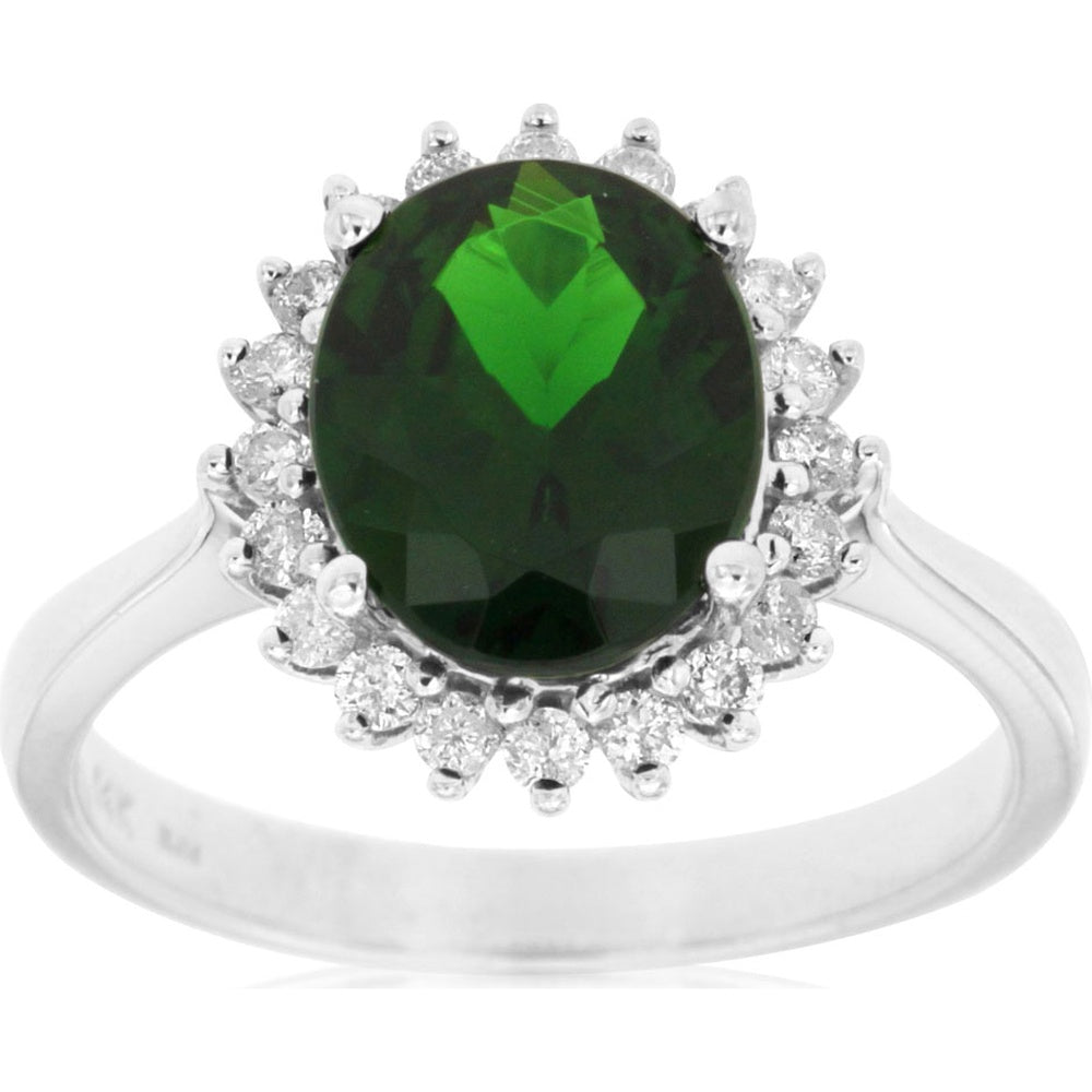 14K White Gold Halo Ring with 2.60 Carat Oval Russalite and 0.36 Carat Round Diamonds - Royal Jewelry