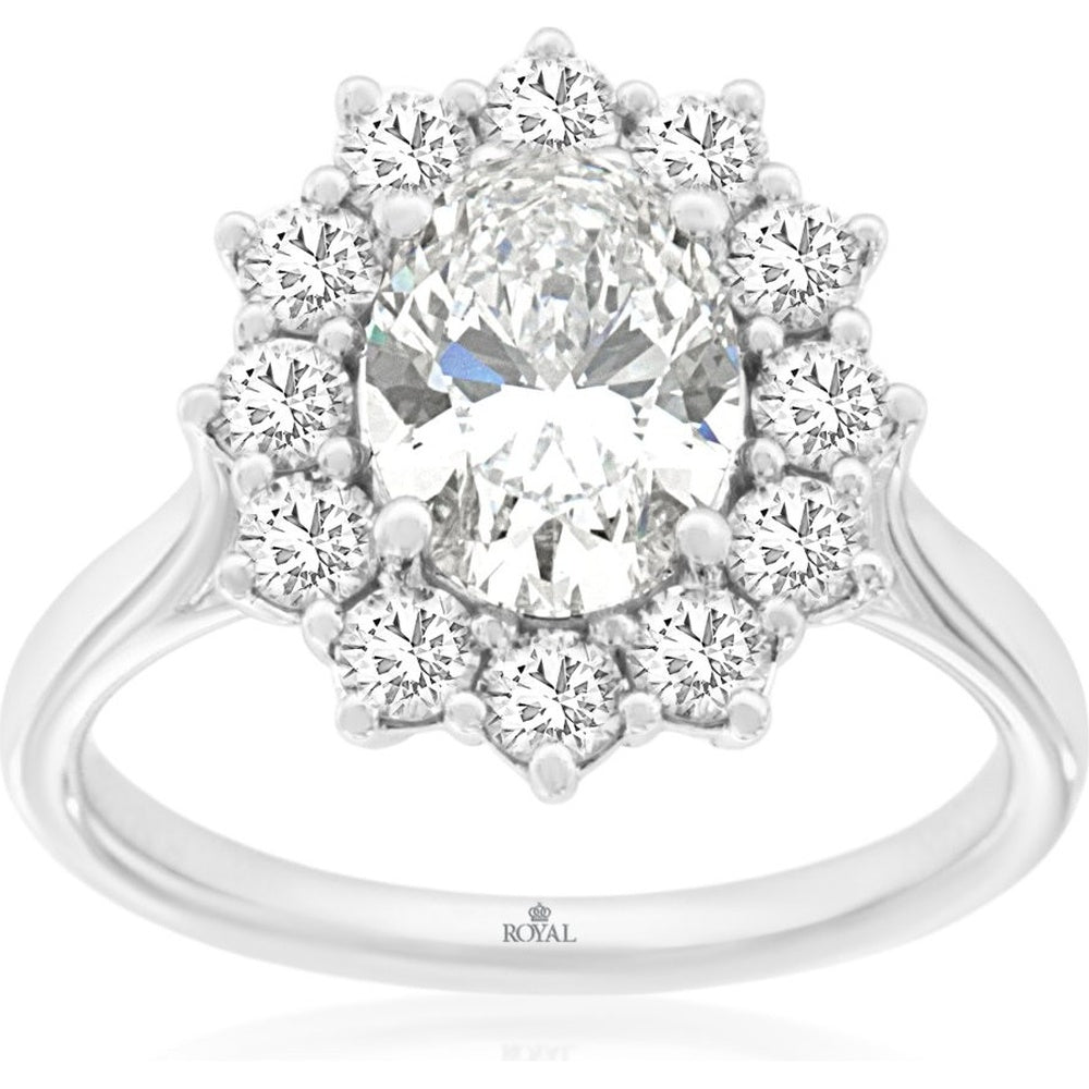14K White Gold Halo Ring with 2.65 Carat Oval Lab-Grown Diamond and Round Diamond Accents - Royal Jewelry