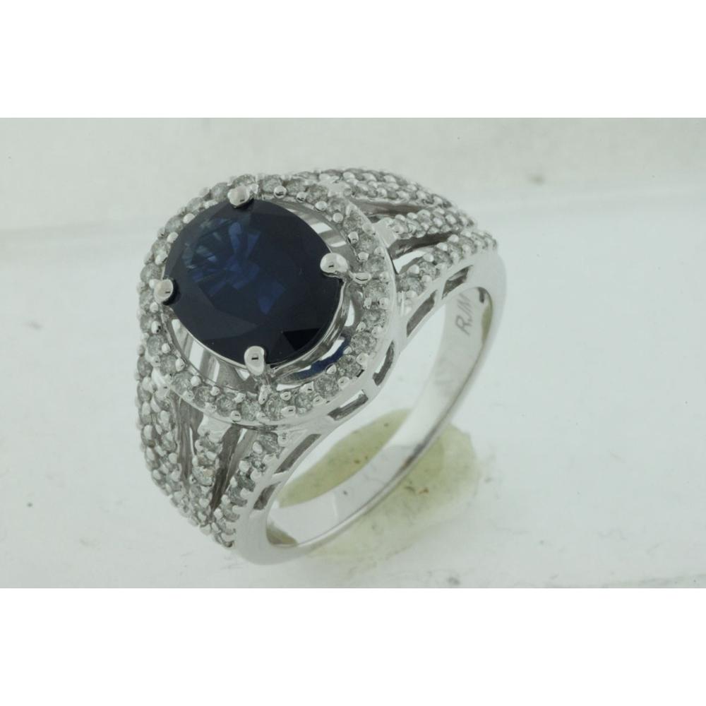 14K White Gold Halo Ring with 3.00 Carat Oval Sapphire and 0.62 Carat Round Diamond Accents - Royal Jewelry