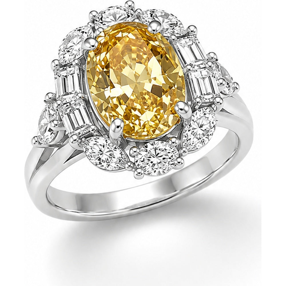 14K White Gold Halo Ring with 3.03 Carat Oval Yellow Lab Grown Diamond and 1.20 Carat Round and Baguette Lab Grown Diamond Accents by Auriventus
