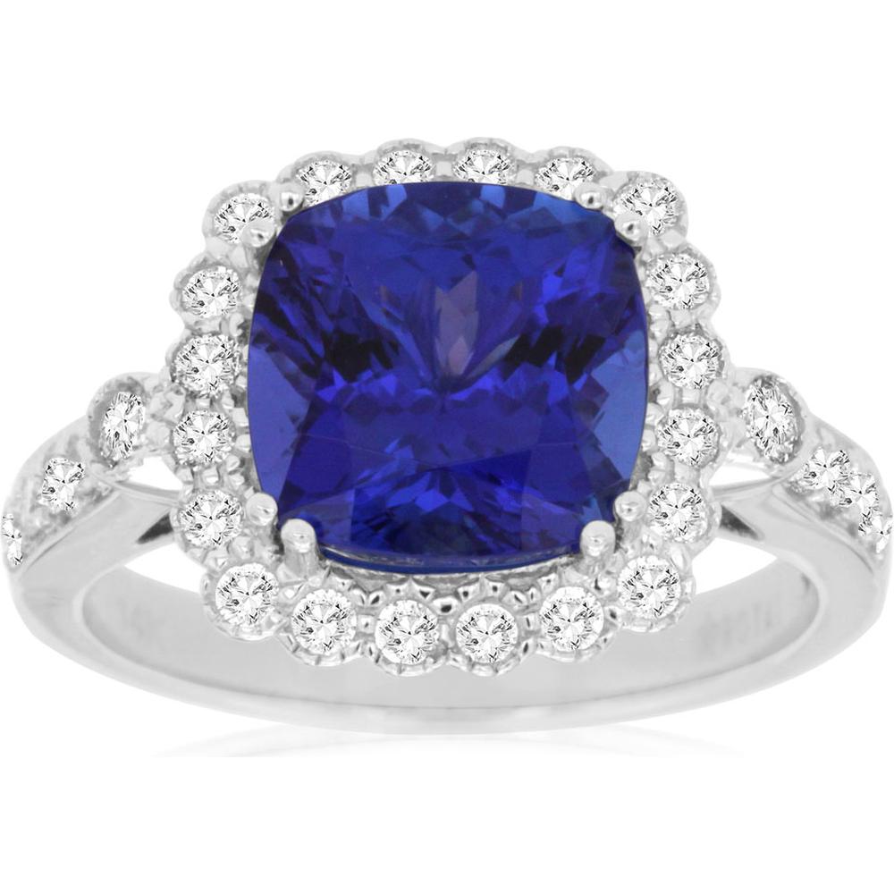 14K White Gold Halo Ring with 3.50 Carat Cushion Cut Tanzanite and 0.50 Carat Round Diamonds - Royal Jewelry