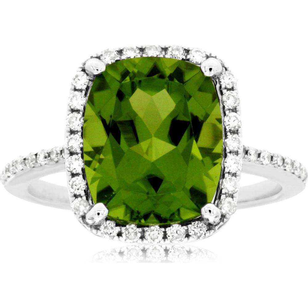 14K White Gold Halo Ring with 4.25 Carat Cushion Cut Peridot and 0.30 Carat Round Diamond Accents - Royal Jewelry