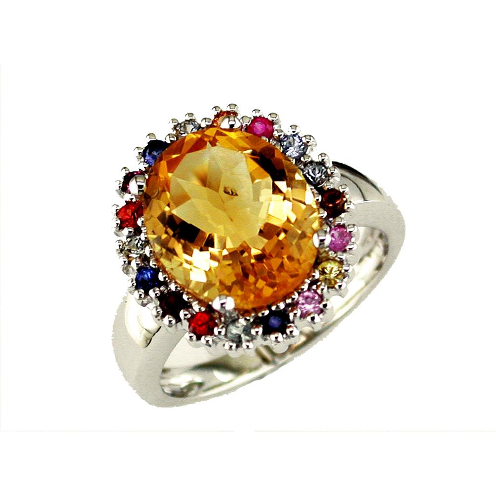 14K White Gold Halo Ring with 4.30 Carat Oval Citrine and 0.40 Carat Multi-Colored Mixed Sapphires - Royal Jewelry