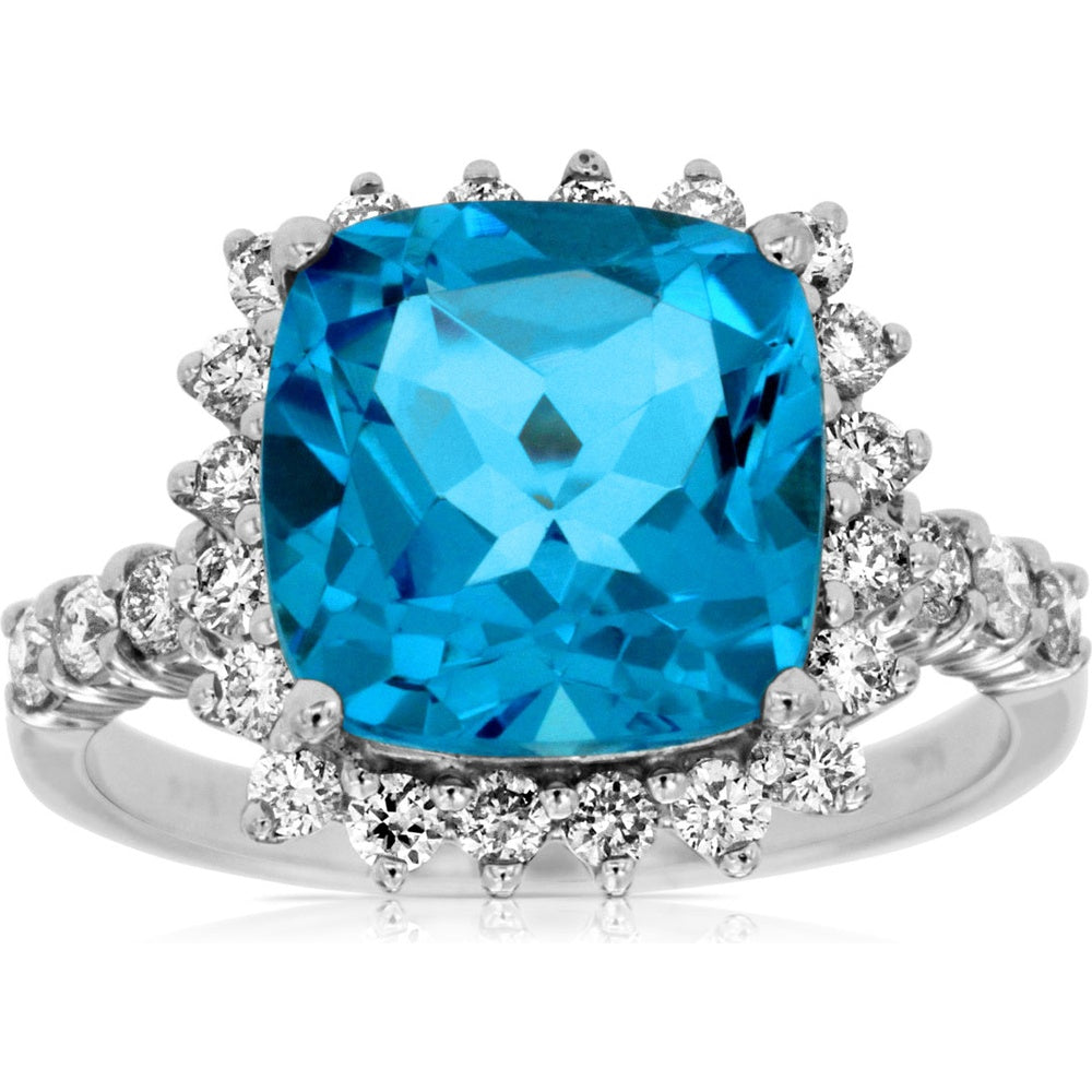 14K White Gold Halo Ring with 4.95 Carat Cushion Cut Blue Topaz and 0.65 Carat Round Diamond Accents - Royal Jewelry