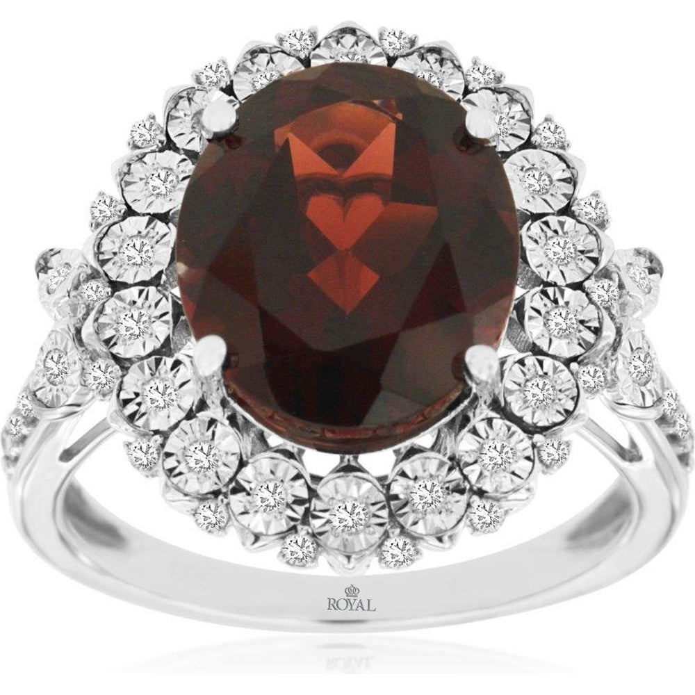14K White Gold Halo Ring with 5.50 Carat Oval Garnet and 0.25 Carat Round Diamond Accents - Royal Jewelry